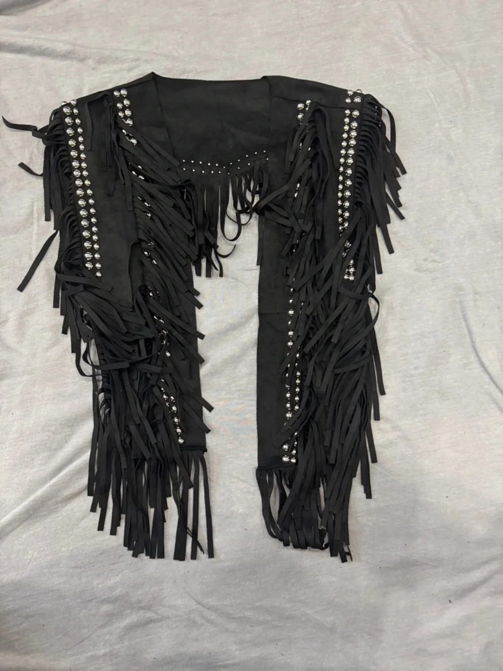 Women's Studded Suede Vest 70s Hippie - Sleeveless Open Front Tassel Vest Collar - Picture 4 of 4